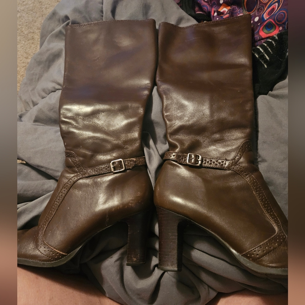 Brown Leather Knee-High Boots with Buckle Detail